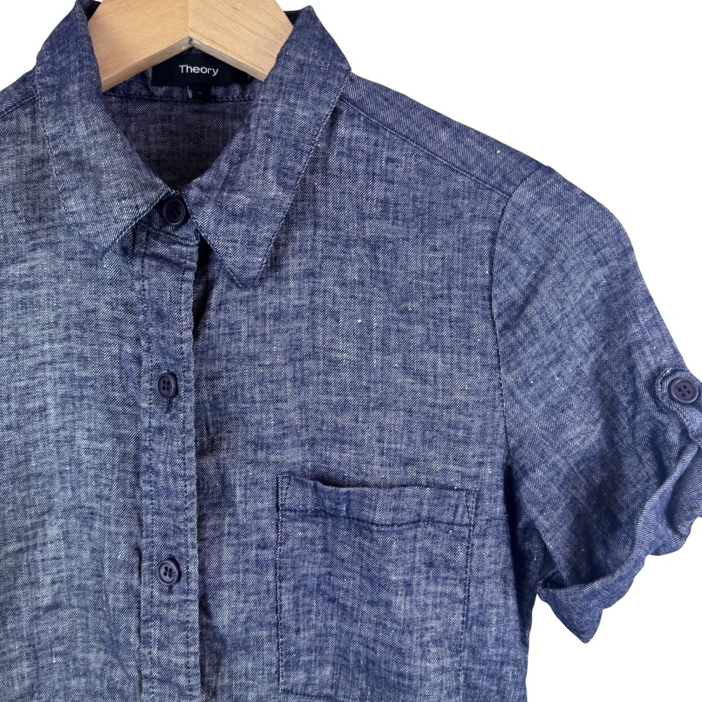 Theory‎ Mayvine Shirt Dress Womens 2 Blue Linen Blend Short Sleeve Mini G0203611